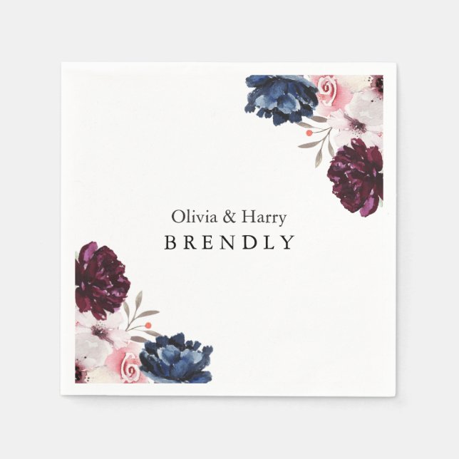 Serviette En Papier Burgundy Blush Élégant Mariage Floral (Devant)