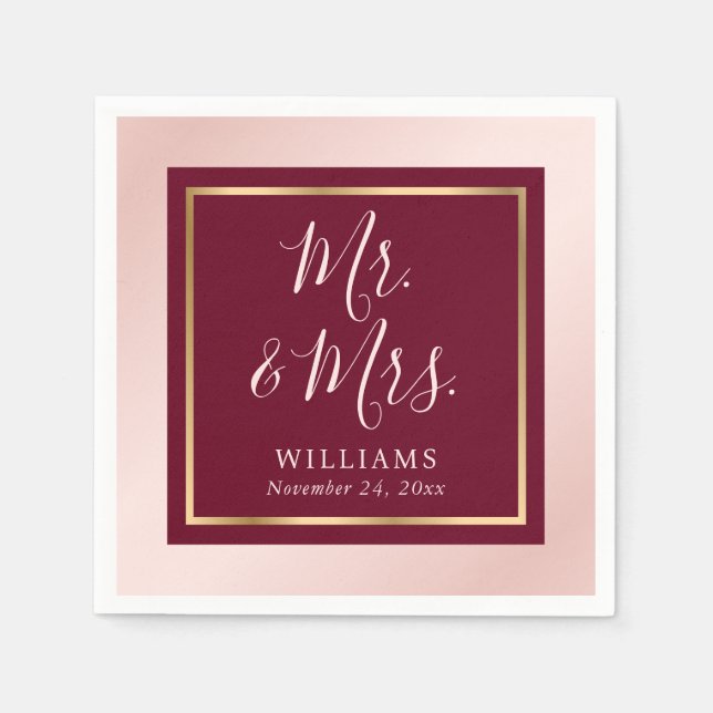 Serviette En Papier Burgundy Blush Gold M. et Mme la Mariage (Devant)