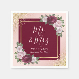 Serviette En Papier Burgundy Blush Pink Gold Floral Mr & Mrs Mariage