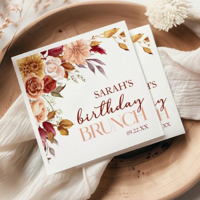 Serviette En Papier Burgundy Burnt Orange Floral Birthday Party Brunch (Créateur téléchargé)