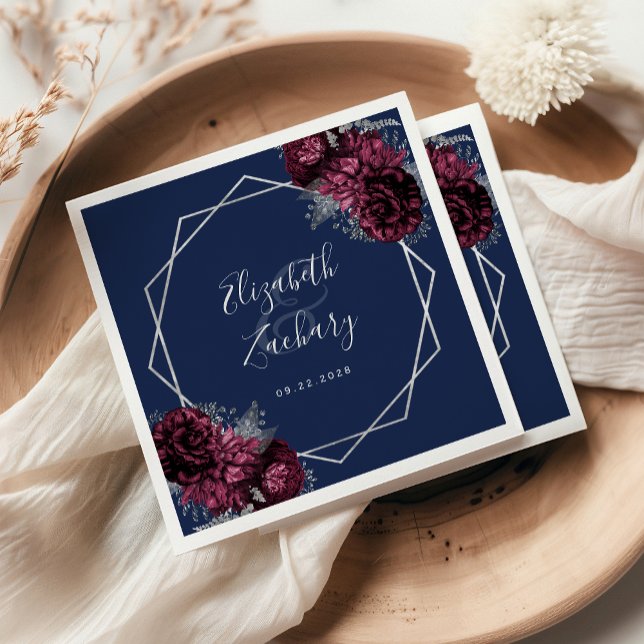 Serviette En Papier Burgundy Floral Argent Mariage bleu marine géométr (Créateur téléchargé)