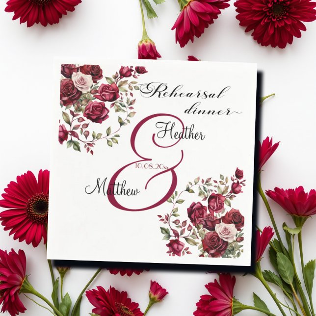 Serviette En Papier Burgundy Floral Moderne "Dîner de répétition" Mari (Créateur téléchargé)