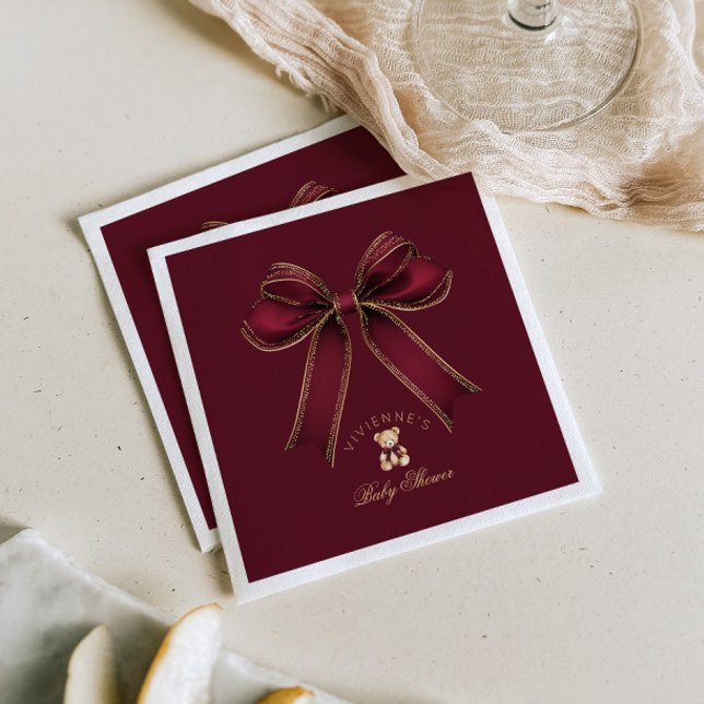 Serviette En Papier Burgundy Gold Bow Teddy Bear Luxury Baby Shower (Créateur téléchargé)