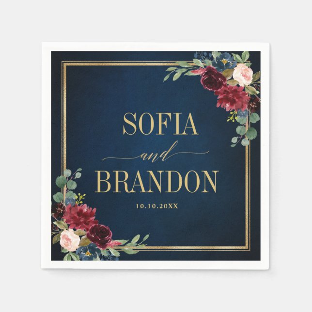 Serviette En Papier Burgundy Marine Blush Floral Mariage géométrique N (Devant)