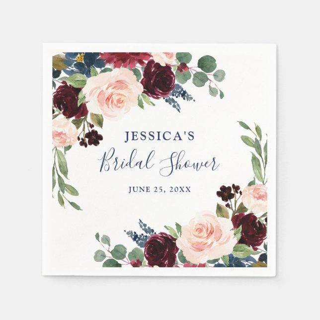 Serviette En Papier Burgundy Navy Blue Blush Floral Fête des mariées (Devant)