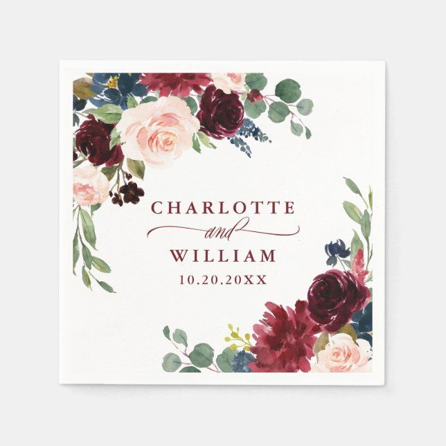 Serviette En Papier Burgundy Navy Blue Blush Floral Rustic Mariage (Devant)