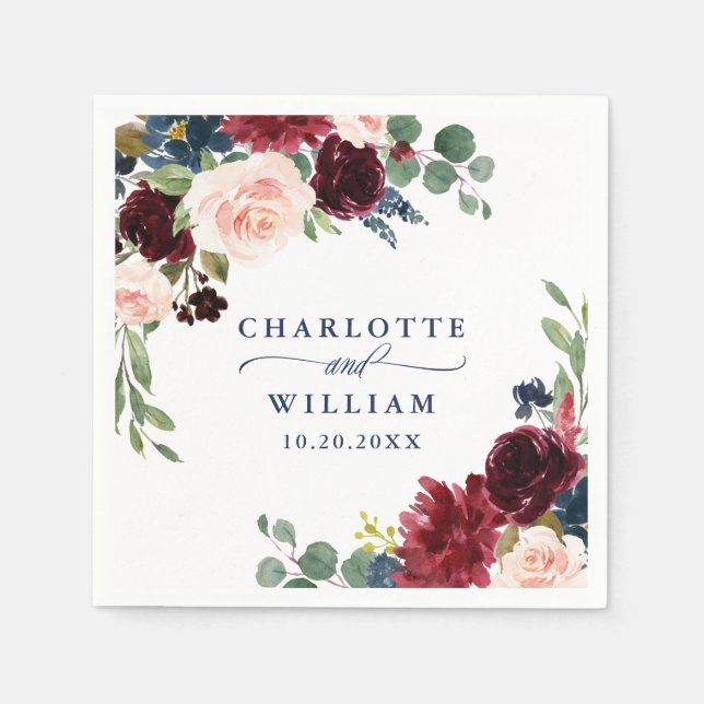 Serviette En Papier Burgundy Navy Blue Blush Floral Rustic Mariage (Devant)