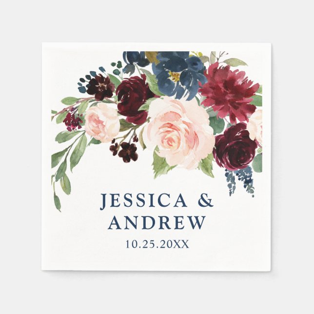 Serviette En Papier Burgundy Navy Blue Blush Floral Rustic Mariage (Devant)