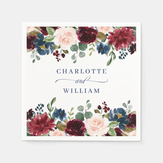 Serviette En Papier Burgundy Navy Blue Blush Floral Rustic Mariage (Devant)