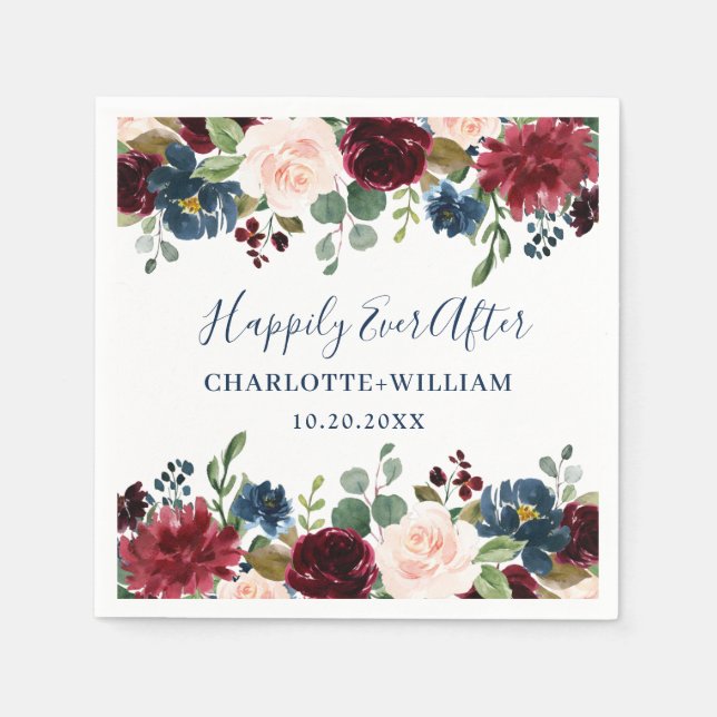 Serviette En Papier Burgundy Navy Blue Blush Floral Rustic Mariage (Devant)