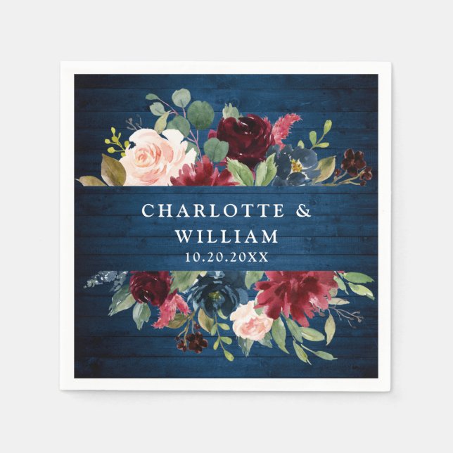 Serviette En Papier Burgundy Navy Blue Blush Floral Rustic Mariage (Devant)
