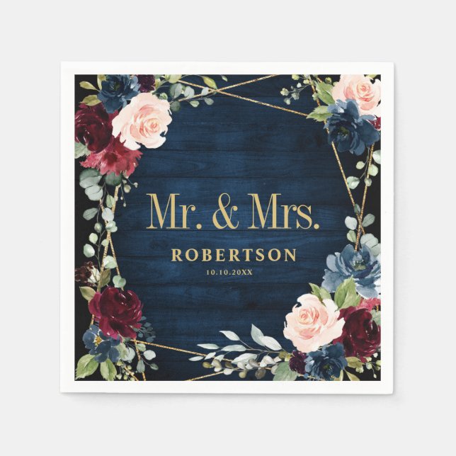 Serviette En Papier Burgundy Navy Blush Floral Mariage géométrique (Devant)