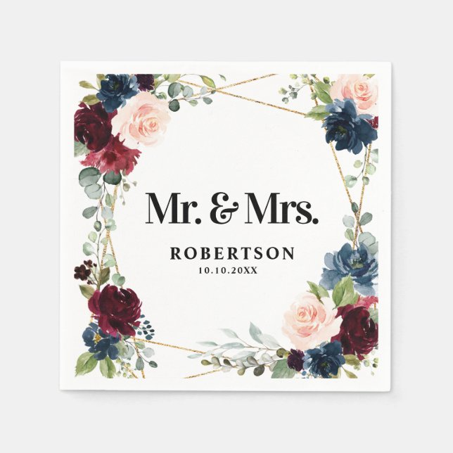 Serviette En Papier Burgundy Navy Blush Floral Mariage géométrique (Devant)