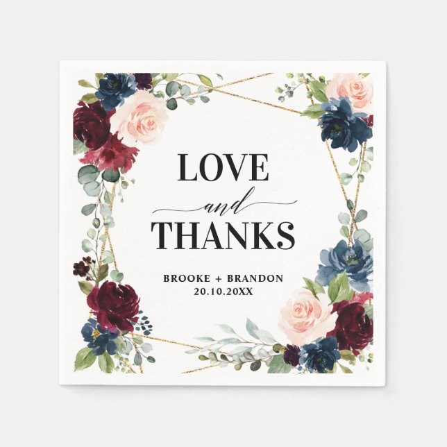 Serviette En Papier Burgundy Navy Blush Floral Mariage géométrique (Devant)