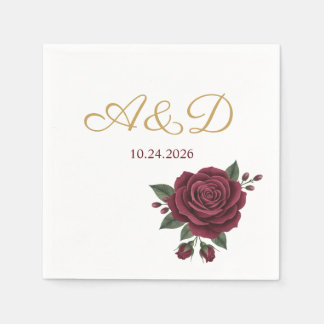 Serviette En Papier Burgundy Rose and Gold Foil Wedding Monogram Napki