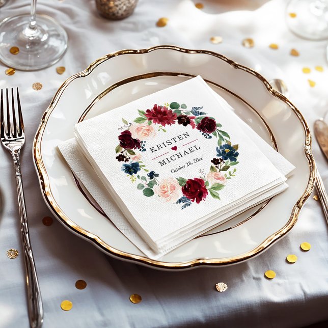 Serviette En Papier Burgundy Rouge Bleu Floral Mariage (Créateur téléchargé)