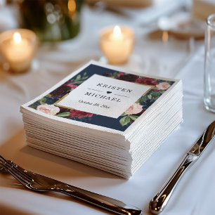 Serviette En Papier Burgundy Rouge Blush Floral Navy Mariage bleu