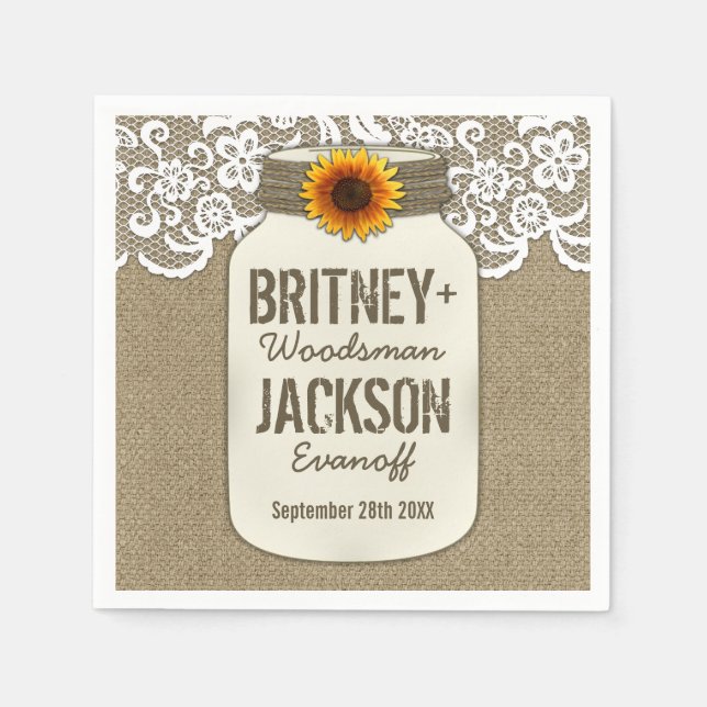 Serviette En Papier Burlap Dentelle Tournesol Mason Jar Mariage Naples (Devant)