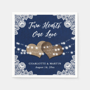 Serviette En Papier Burlap Hearts Dentelle Rustique Mariage bleu marin