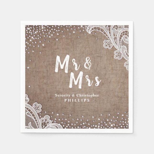 Serviette En Papier Burlap Lace argent parties scintillant M & Mme mar (Devant)