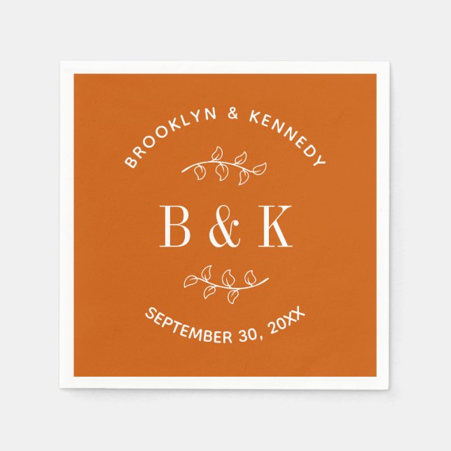 Serviette En Papier Burnt Orange Floral Mariage Nom du couple (Devant)