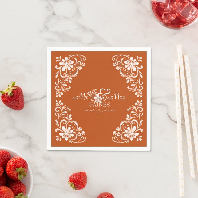 Serviette En Papier Burnt Orange Shabby Chic Mr & Mrs Wedding Napkin (En situation)