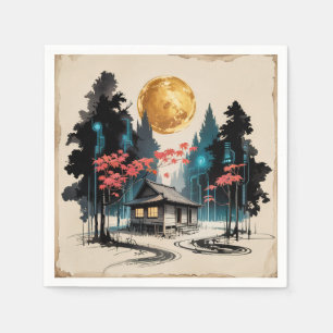 Serviette En Papier Cabane au Clair de Lune Forêt Japonaise Art (9)