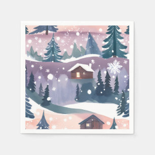 Serviette En Papier Cabane de montagne enneigée aquarelle