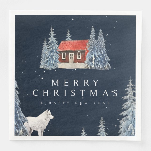 Serviette En Papier Cabine d'hiver des bois avec Noël du loup (Devant)