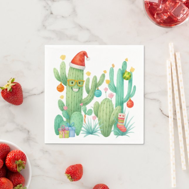 Serviette En Papier Cactus de Noël Festif avec chapeau et ornement (En situation)