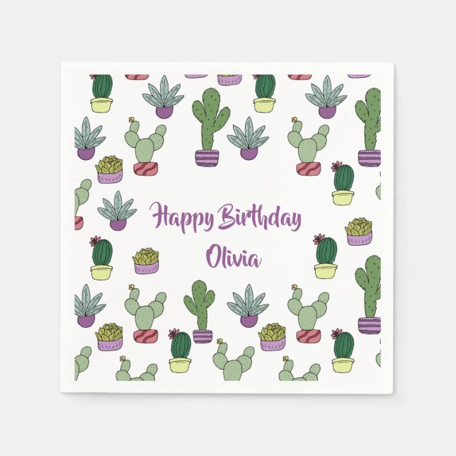 Serviette En Papier Cactus Succulent Cactus Plantes Posés Joyeux Anniv (Devant)