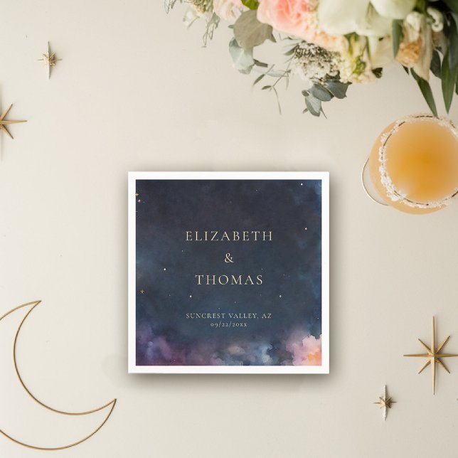 Serviette En Papier Cadeau céleste Midnight Blue Sky Stars Aquarelle (celestial personalized napkin watercolor starry night sky galaxy universe cosmic navy blue gold mood)