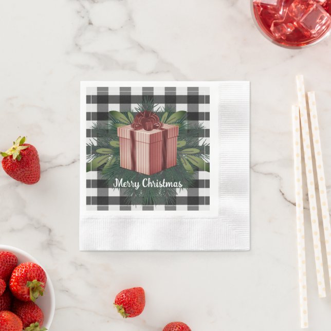 Serviette En Papier Cadeau de Noël Plaid Buffalo | Rouge (En situation)
