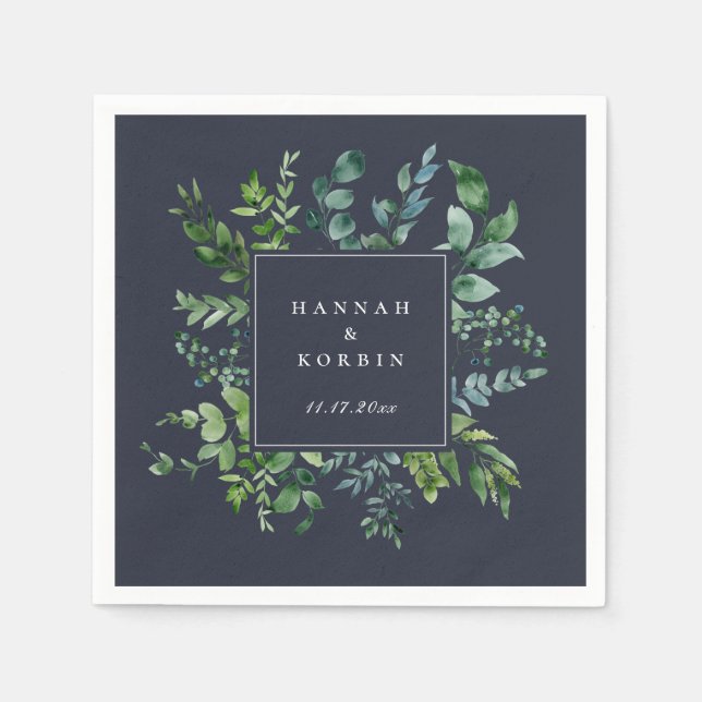 Serviette En Papier Cadre de feuillage forestier bleu marine (Devant)