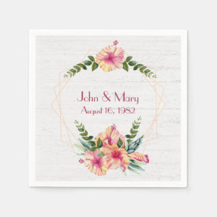 Serviette En Papier Cadre d'Hibiscus de Mariage sur Bois Blanchi à la 