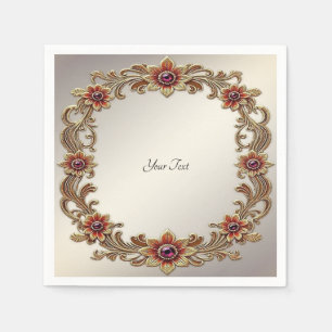 Serviette En Papier Cadre Floral Or avec pierres rouges