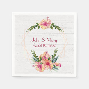 Serviette En Papier Cadre Hibiscus mariage Sur Bois Blanchi
