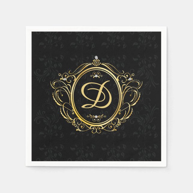 Serviette En Papier Cadre Or de luxe Monogramme noir Damas retour (Devant)