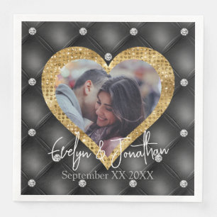 Serviette En Papier Cadres Coeur Photo personnalisée Diamants Noir & O