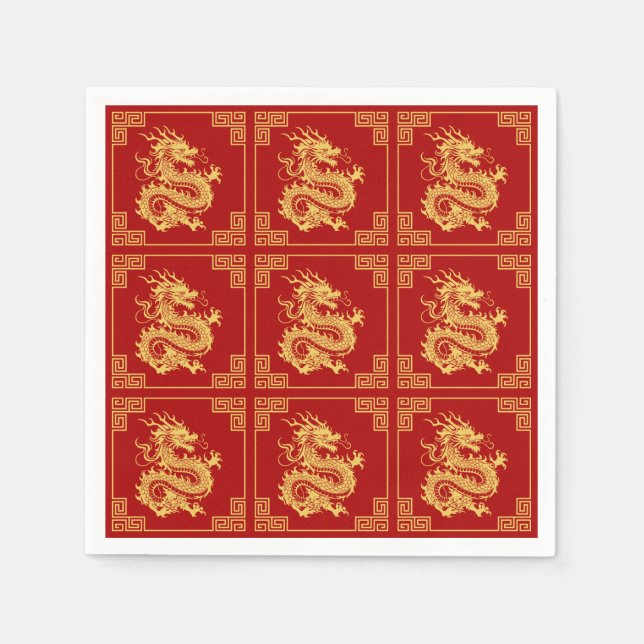 Serviette En Papier Cadres d'ornement grec Motif de dragon d'or rouge (Devant)