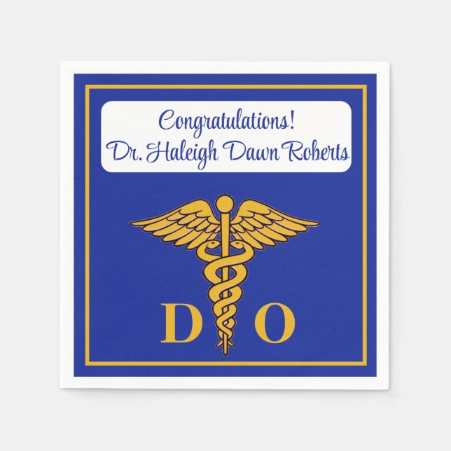 Serviette En Papier Caduceus Blue & Gold Médicale School Graduation (Devant)