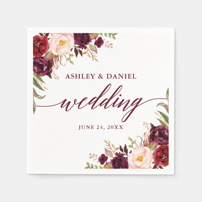 Serviette En Papier Calligraphie Aquarelle Bourgogne Floral Mariage (Devant)
