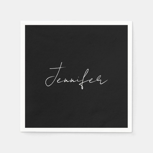 Serviette En Papier Calligraphie Elégant Noir Blanc Plaine Nom simple (Devant)