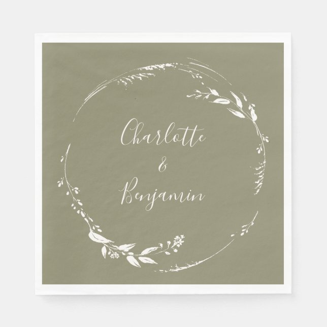 Serviette En Papier Calligraphie florale de l'Olive Dusty Personnalisé (Devant)