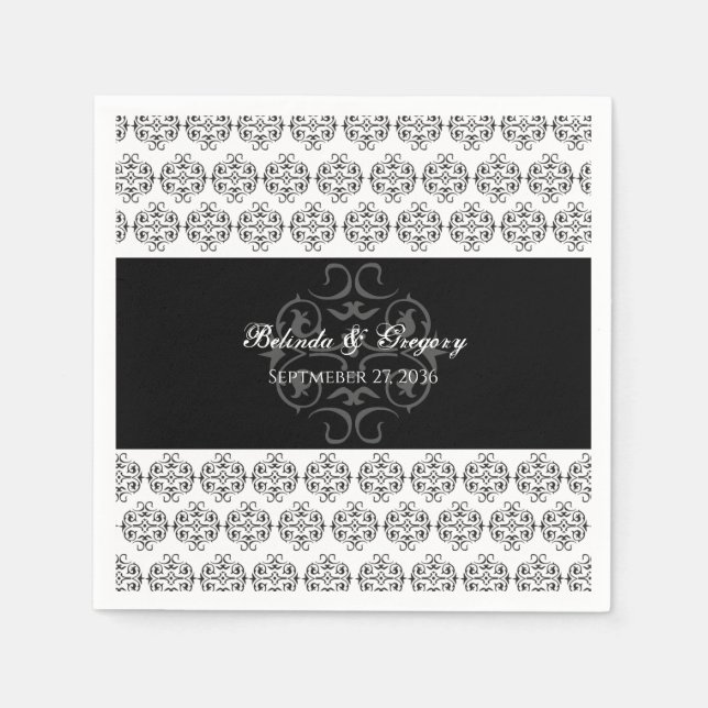 Serviette En Papier Calligraphie noir et blanc Vintage Mariage damassé (Devant)
