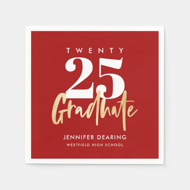 Serviette En Papier Calligraphie Or moderne Photo Graduation Rouge (Devant)