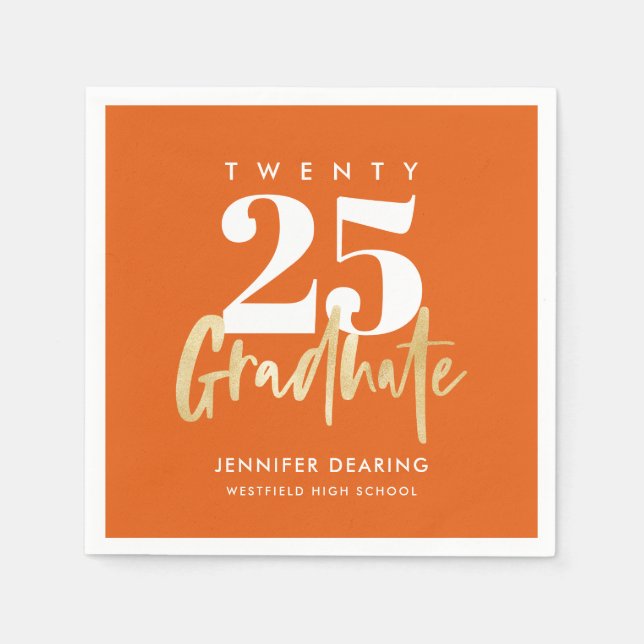 Serviette En Papier Calligraphie Or Moderne Photo Orange Graduation (Devant)