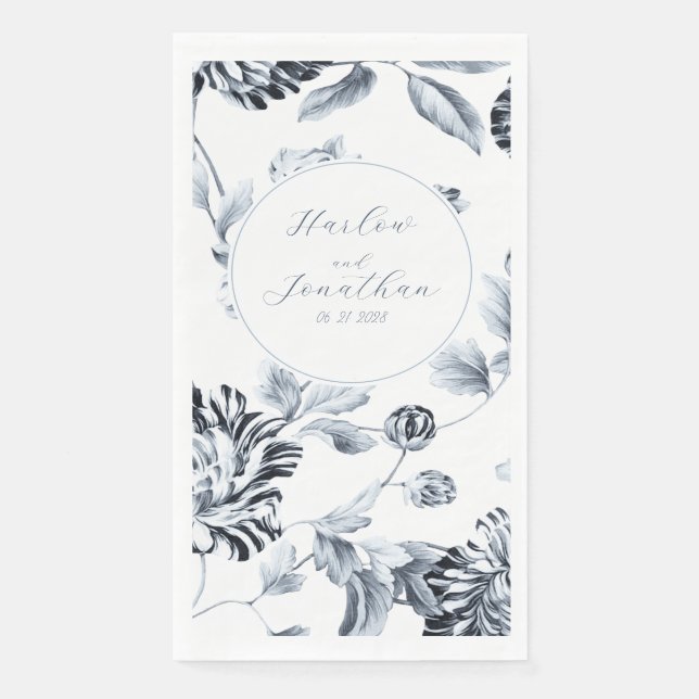 Serviette En Papier Calligraphie romantique Mariage floral argent et b (Devant)