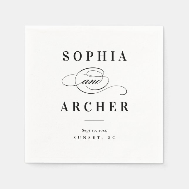 Serviette En Papier Calligraphie romantique Mariage noir et blanc (Devant)