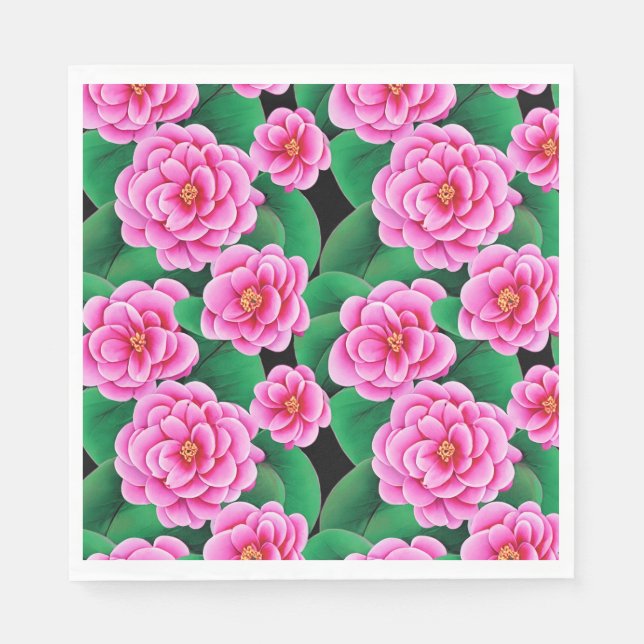 Serviette En Papier Camellias rose Fuchsia et Feuilles verts Jade (Devant)